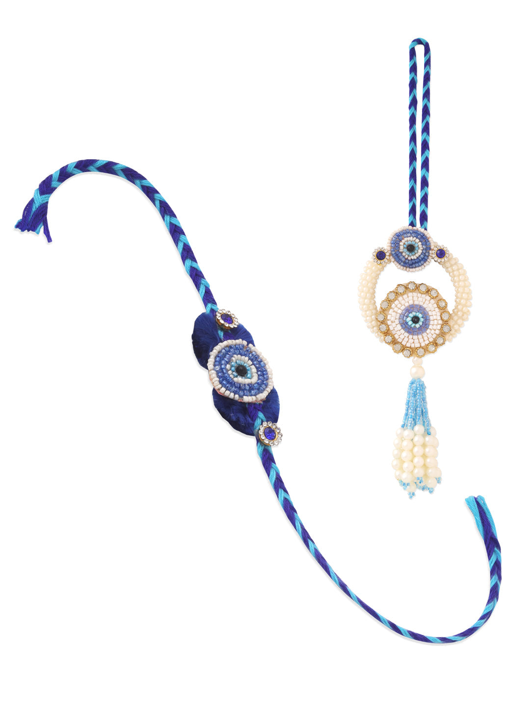 NVR Set of 2 Blue Evil Eye Artificial Stones & Pearls Bhaiya Bhabhi Rakhi Combo