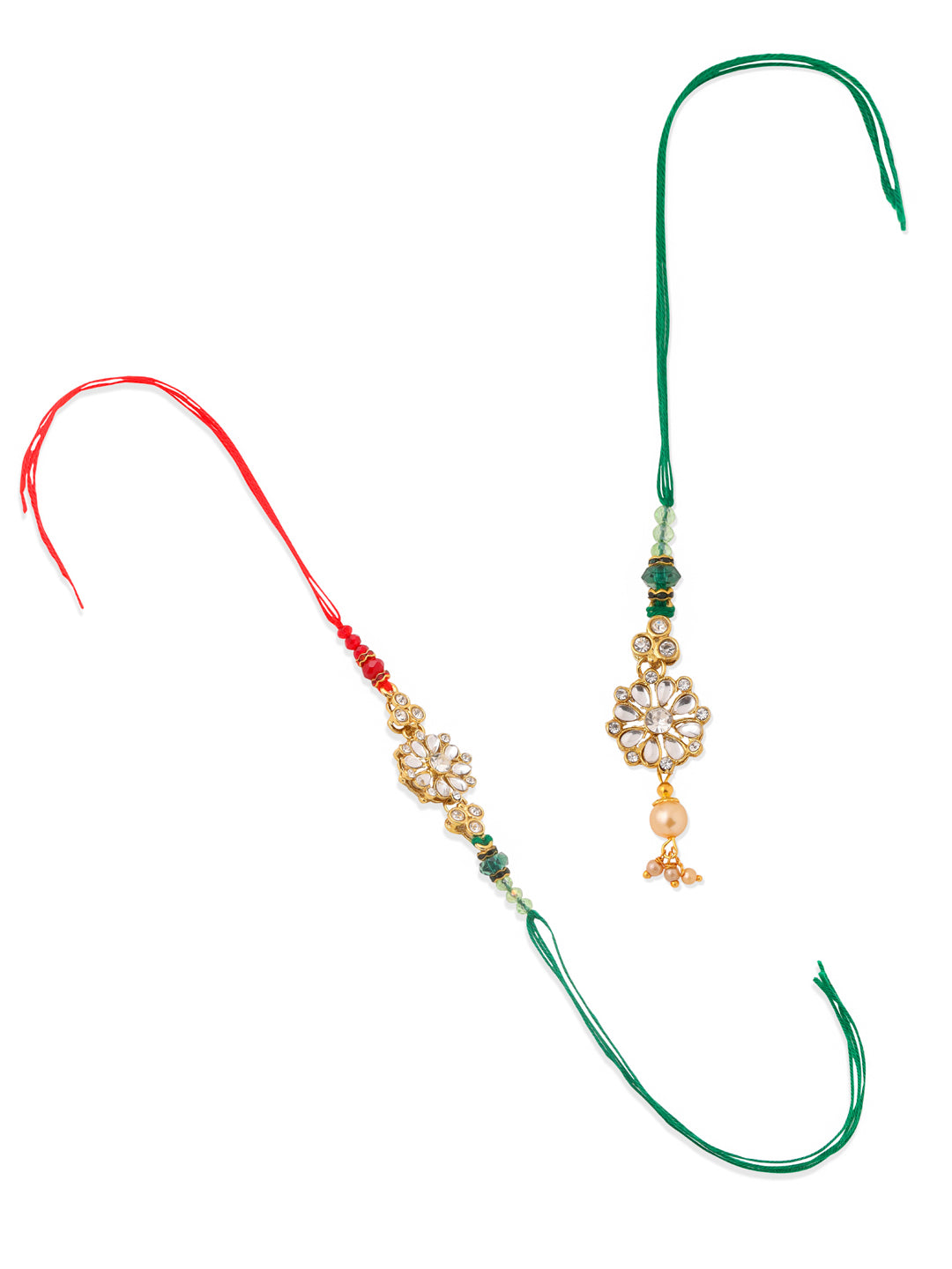 NVR Set of 2 Gold Toned Kundan Studded Floral Design Bhaiya Bhabhi Rakhi Combo