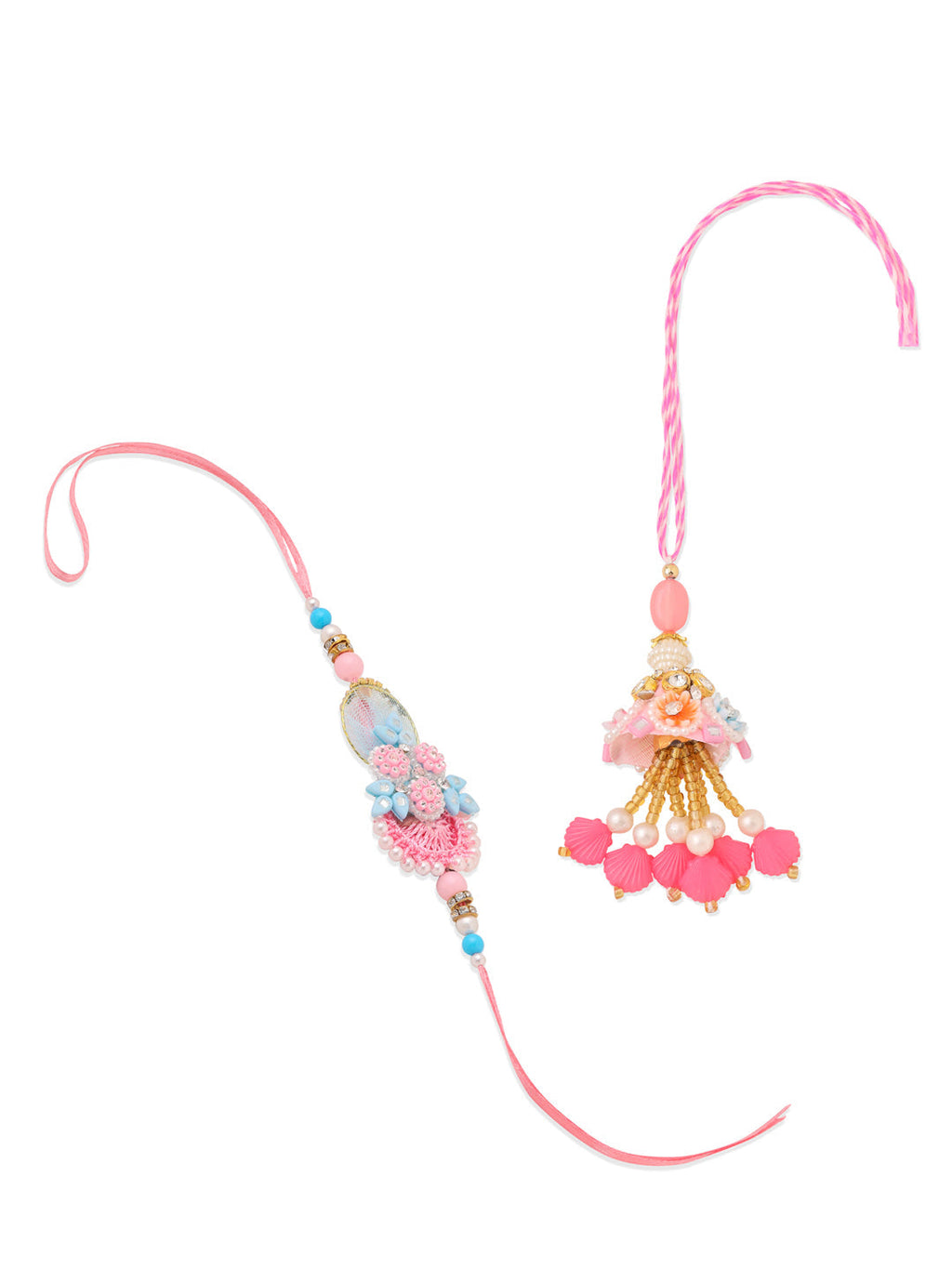 NVR Set of 2 Multicolor Handcrafted Artificial Stones & Pearls Bhaiya Bhabhi Rakhi with Roli Chawal Chandan & Mishri