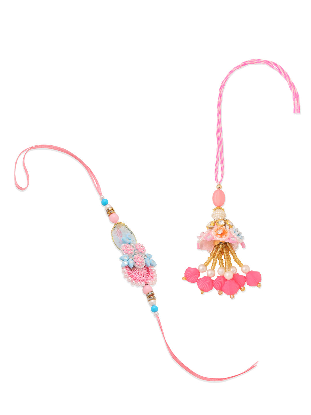 NVR Set of 2 Multicolor Handcrafted Artificial Stones & Pearls Bhaiya Bhabhi Rakhi with Roli Chawal Chandan & Mishri