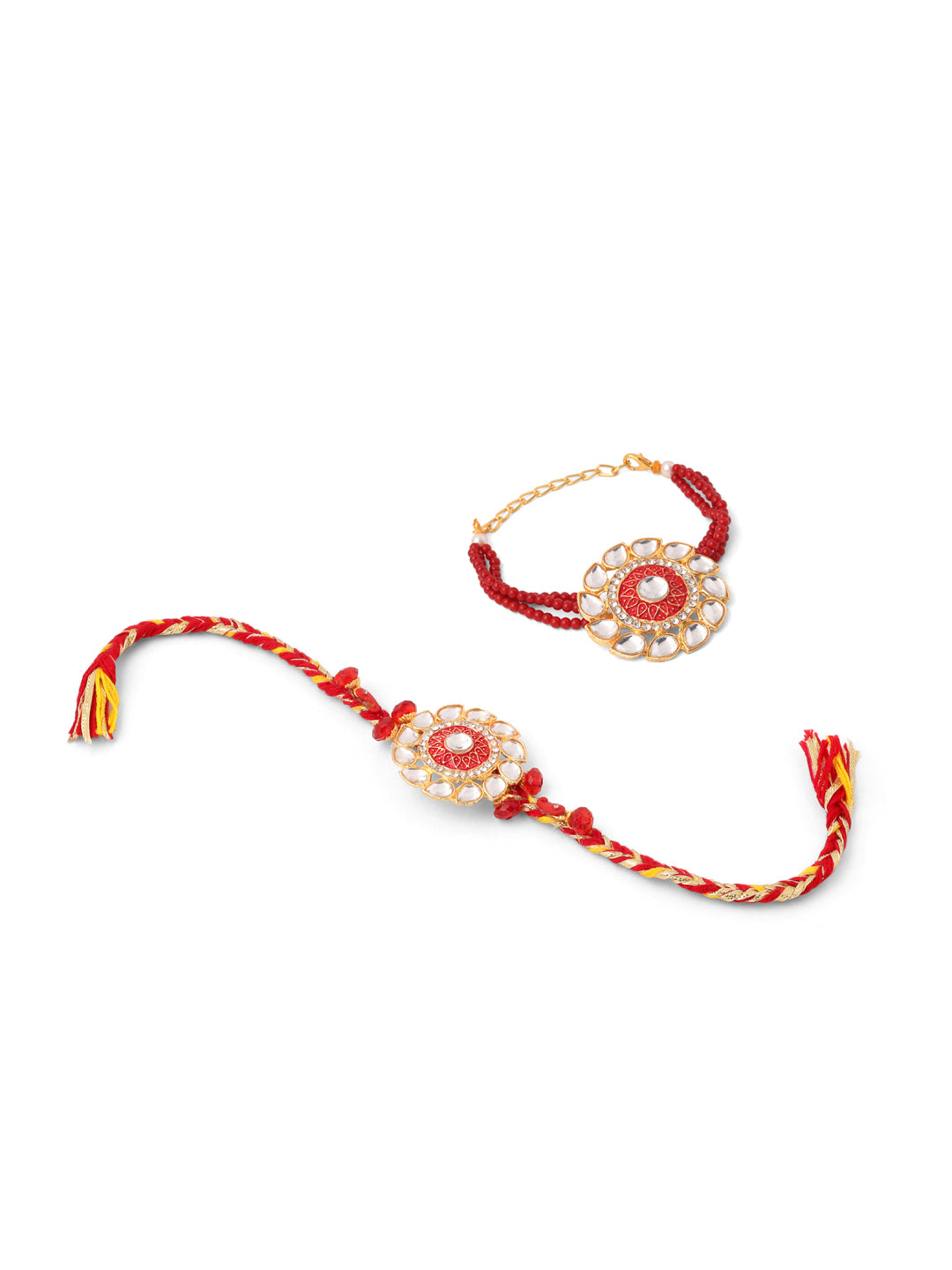 NVR Set of 2 Handmade Red Kundan Studded Floral Design Bhaiya Bhabhi Rakhi Combo