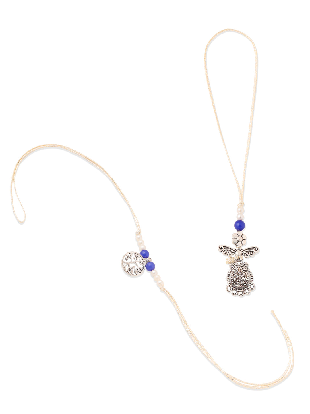 NVR Set of 2 Silver Toned Pearls & Beads Bhaiya Bhabhi Rakhi with Roli Chawal Chandan & Mishri