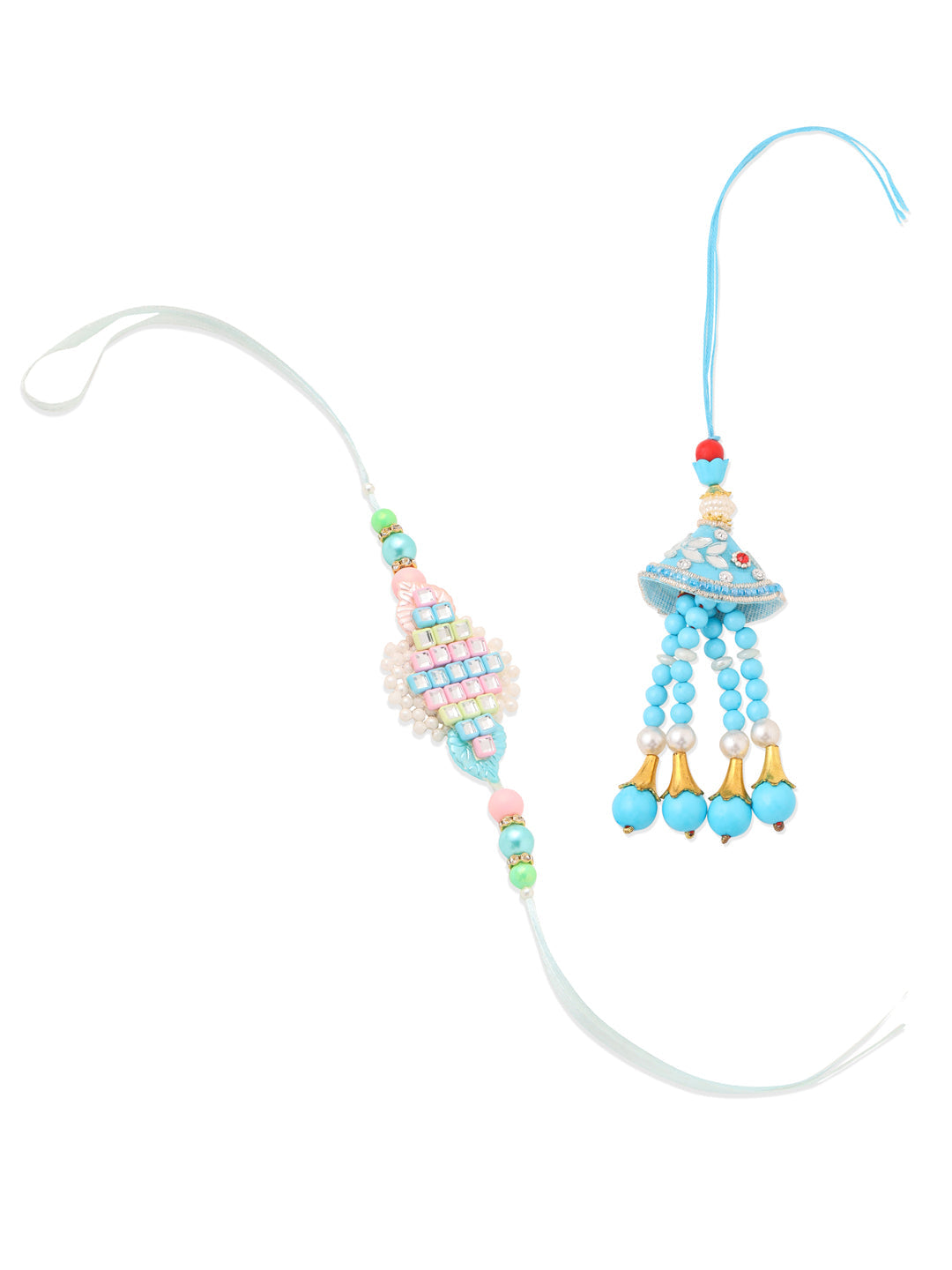 NVR Set of 2 Blue & Pink Artificial Stones & Beads Bhaiya Bhabhi Rakhi Combo