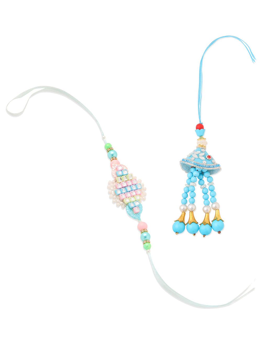 NVR Set of 2 Blue & Pink Artificial Stones & Beads Bhaiya Bhabhi Rakhi with Roli Chawal Chandan & Mishri