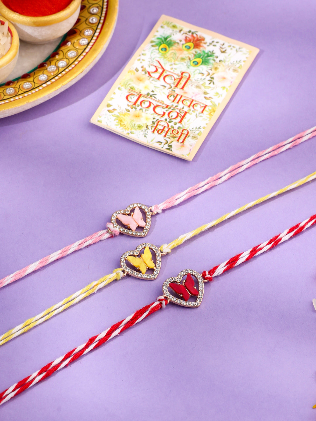 NVR Men Set of 3 Heart Shape Multicolor Artificial Stones Thread Rakhi with Roli Chawal Chandan & Mishri