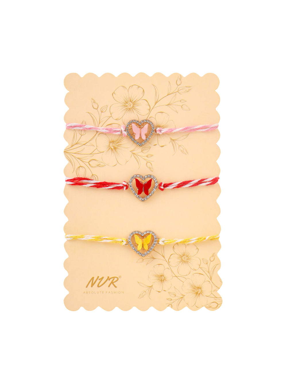 NVR Men Set of 3 Heart Shape Multicolor Artificial Stones Thread Rakhi with Roli Chawal Chandan & Mishri