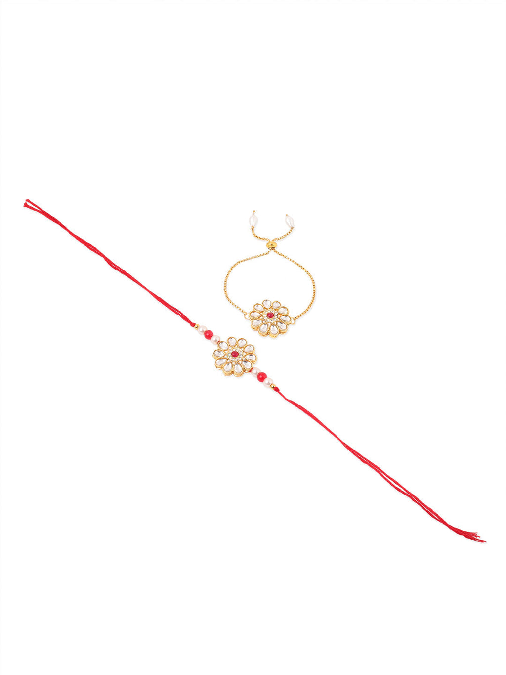 NVR Set of 2 Gold Toned Kundan Studded Floral Design Bhaiya Bhabhi Rakhi Combo