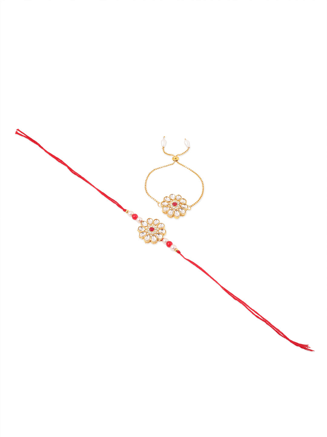 NVR Set of 2 Gold Toned Kundan Studded Floral Design Bhaiya Bhabhi Rakhi Combo