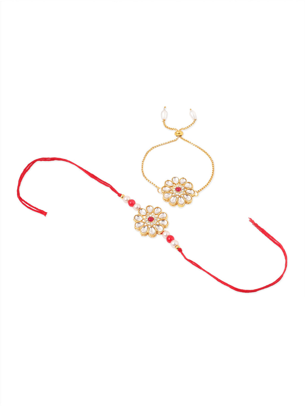 NVR Set of 2 Gold Toned Kundan Studded Floral Design Bhaiya Bhabhi Rakhi Combo