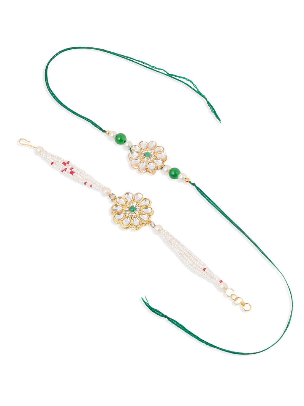 NVR Set of 2 Kundan Studded Floral Design Gold Toned Bhaiya Bhabhi Rakhi Combo