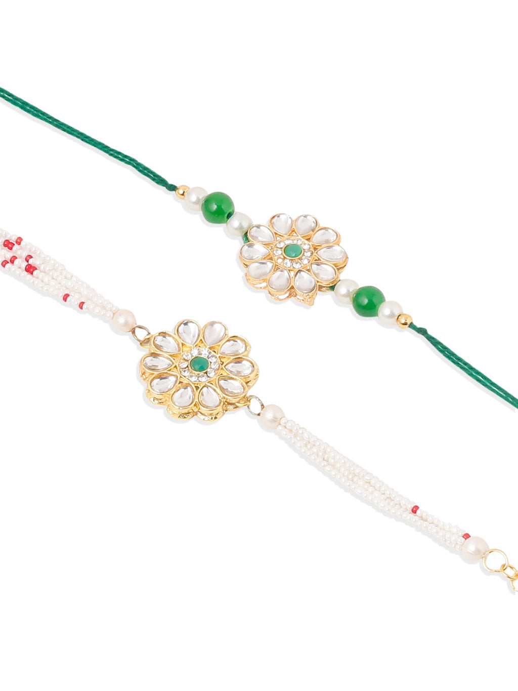NVR Set of 2 Kundan Studded Floral Design Gold Toned Bhaiya Bhabhi Rakhi Combo