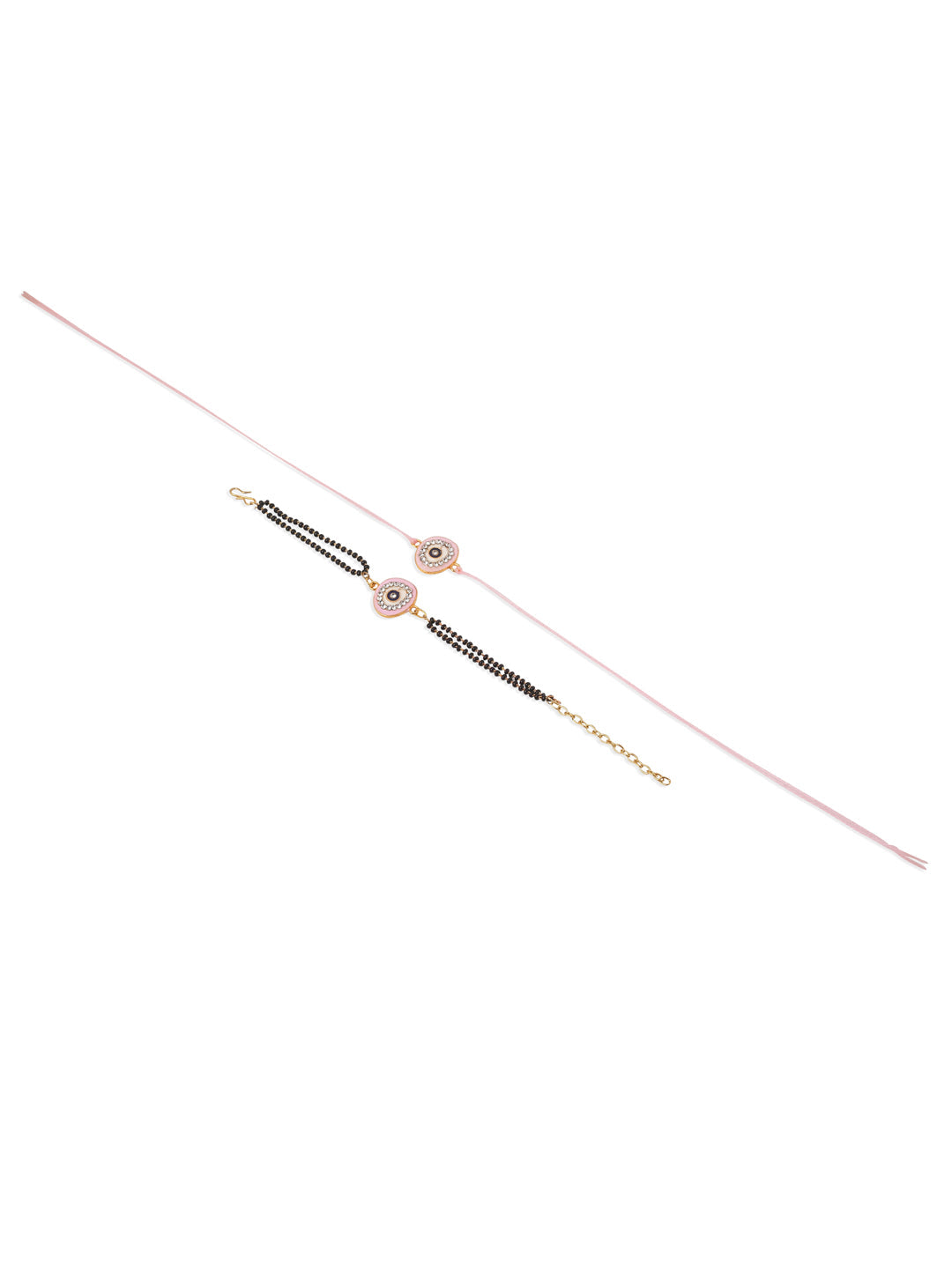 NVR Set of 2 Pink Round Shape Artificial Stones Bhaiya Bhabhi Rakhi with Roli Chawal Chandan & Mishri