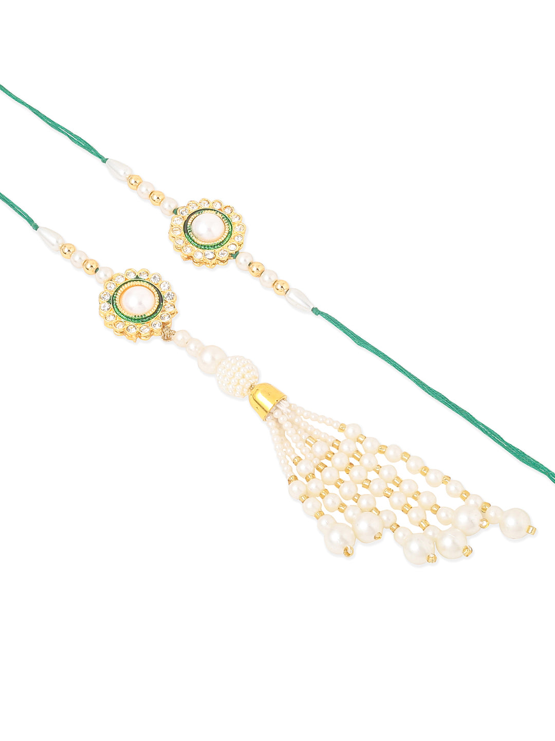 NVR Set of 2 White & Green Stone Studded Handcrafted Bhaiya Bhabhi Thread Rakhi Combo