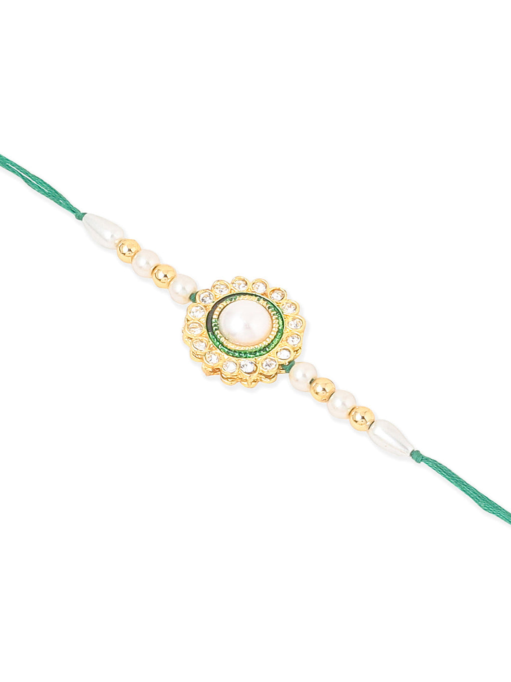 NVR Set of 2 White & Green Stone Studded Handcrafted Bhaiya Bhabhi Thread Rakhi with Roli Chawal Chandan & Mishri