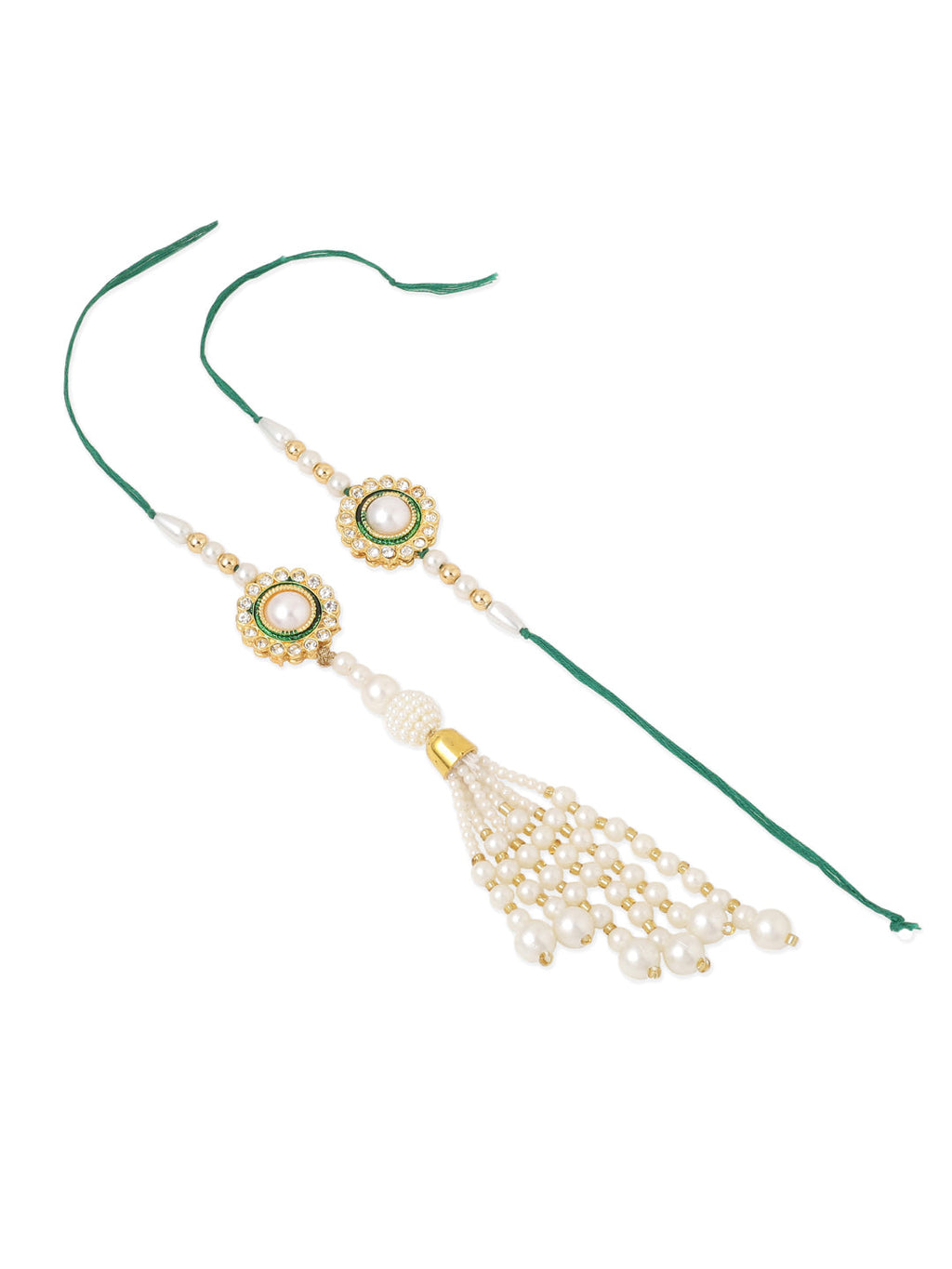 NVR Set of 2 White & Green Stone Studded Handcrafted Bhaiya Bhabhi Thread Rakhi with Roli Chawal Chandan & Mishri