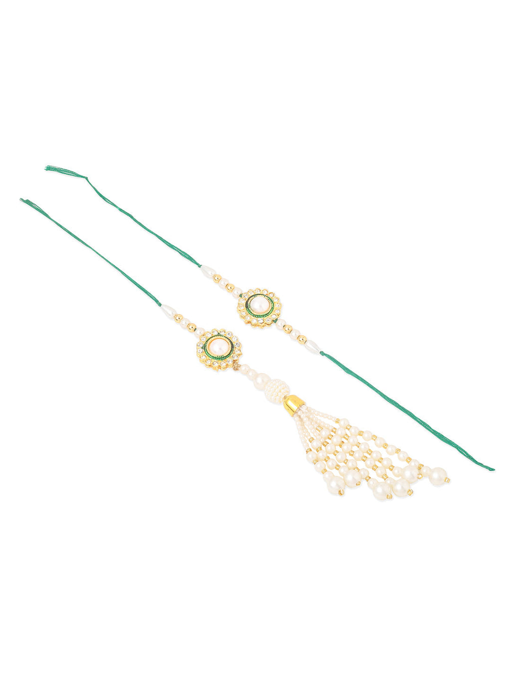 NVR Set of 2 White & Green Stone Studded Handcrafted Bhaiya Bhabhi Thread Rakhi with Roli Chawal Chandan & Mishri