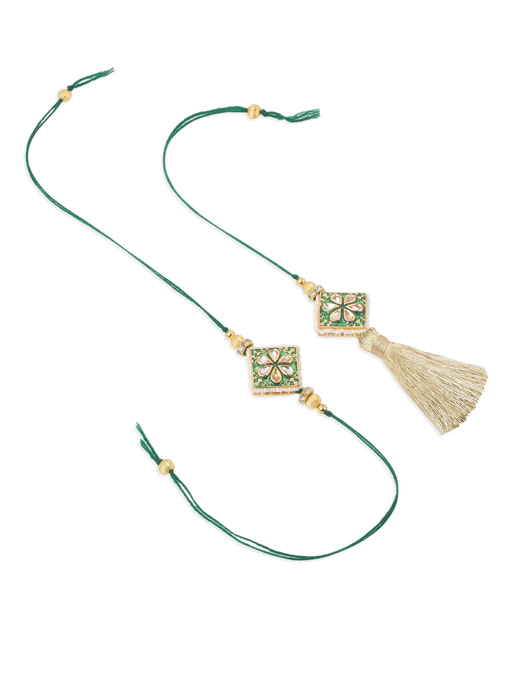 NVR Set of 2 Handmade Green Kundan Studded Bhaiya Bhabhi Rakhi Set, Combo for Rakshabandhan
