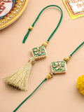 NVR Set of 2 Handmade Green Kundan Studded Bhaiya Bhabhi Rakhi Set with Roli Chawal Chandan & Mishri