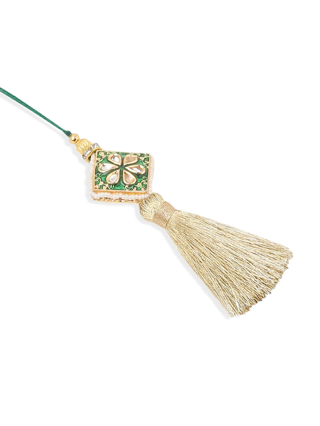 NVR Set of 2 Handmade Green Kundan Studded Bhaiya Bhabhi Rakhi Set with Roli Chawal Chandan & Mishri