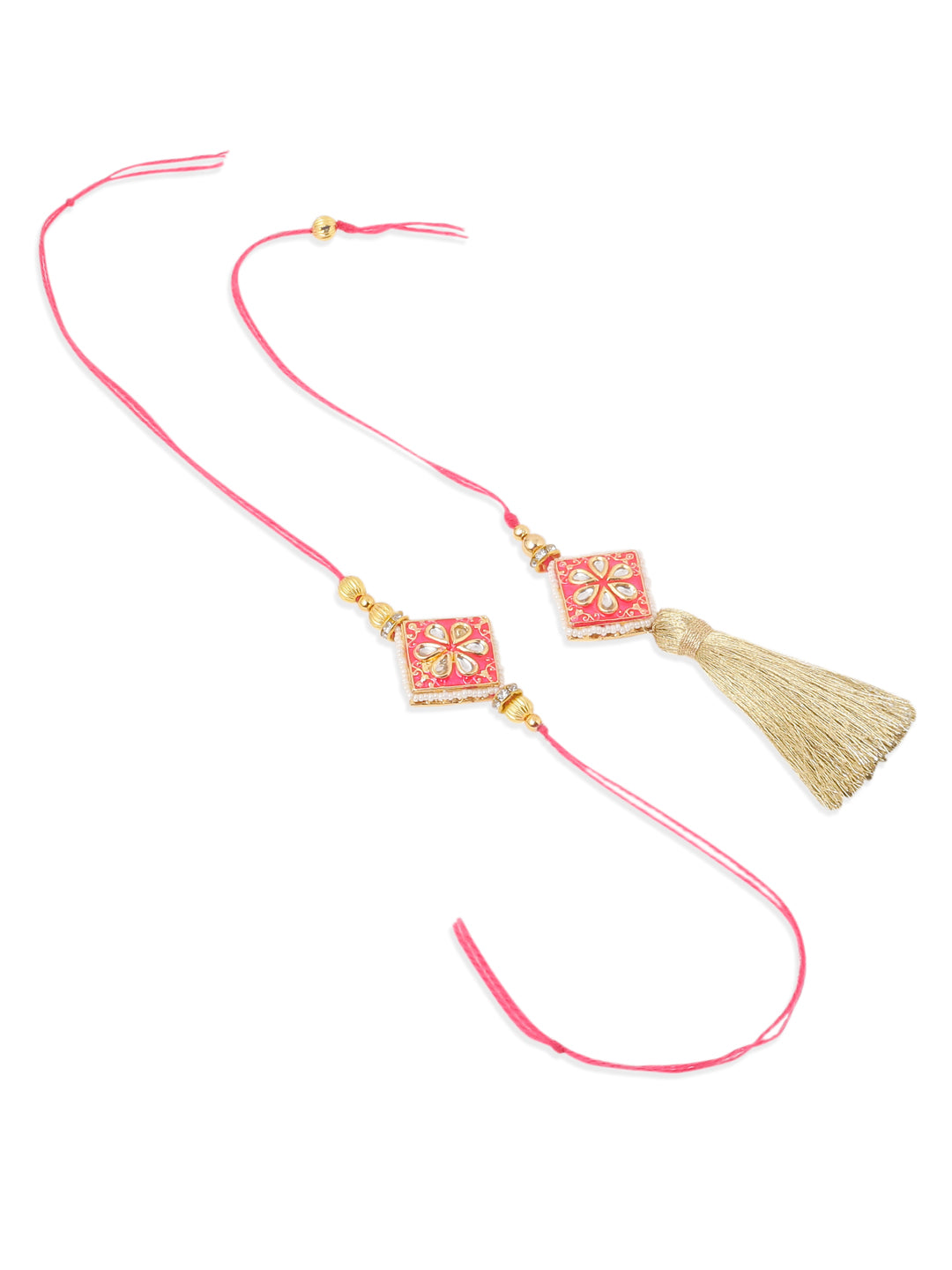 NVR Set of 2 Handmade Pink Kundan Studded Bhaiya Bhabhi Rakhi Set, Combo for Rakshabandhan