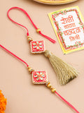 NVR Set of 2 Handmade Pink Kundan Studded Bhaiya Bhabhi Rakhi Set with Roli Chawal Chandan & Mishri