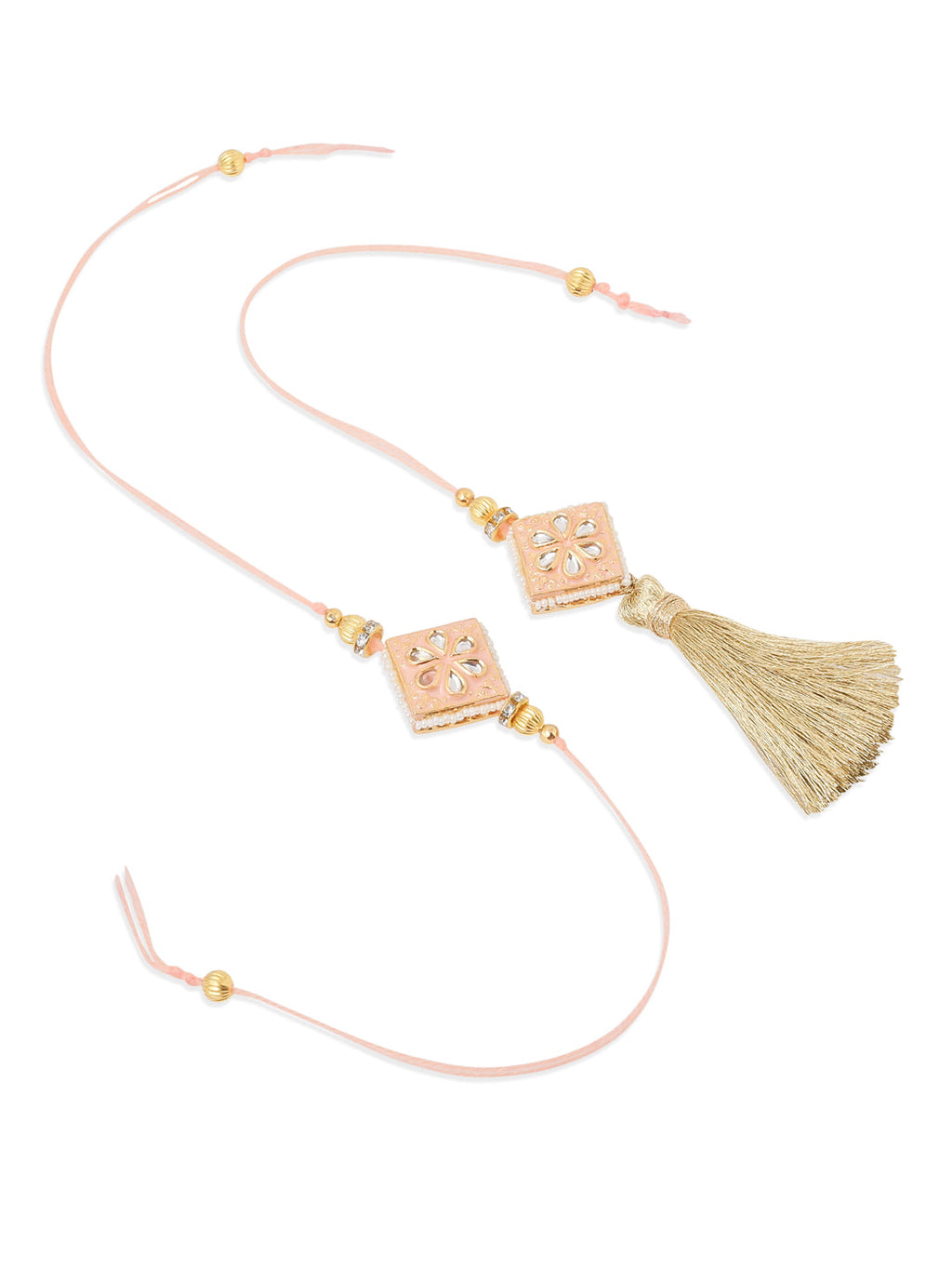 NVR Set of 2 Handmade Peach Kundan Studded Bhaiya Bhabhi Rakhi Set, Combo for Rakshabandhan