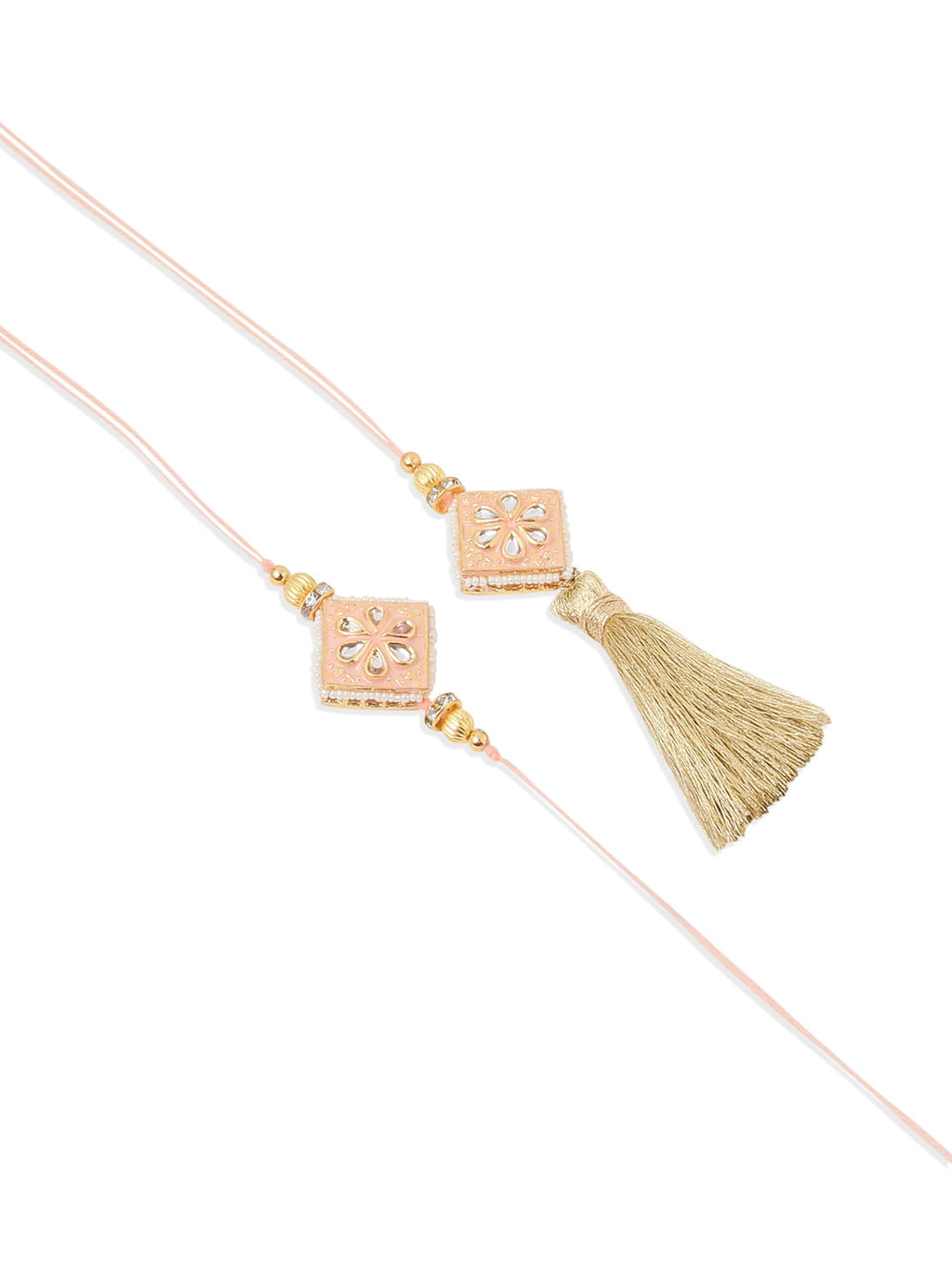 NVR Set of 2 Handmade Peach Kundan Studded Bhaiya Bhabhi Rakhi Set with Roli Chawal Chandan & Mishri