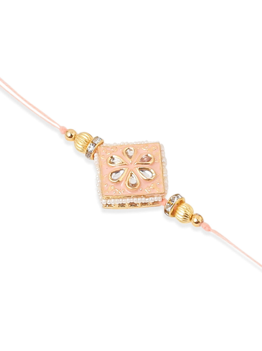 NVR Set of 2 Handmade Peach Kundan Studded Bhaiya Bhabhi Rakhi Set with Roli Chawal Chandan & Mishri