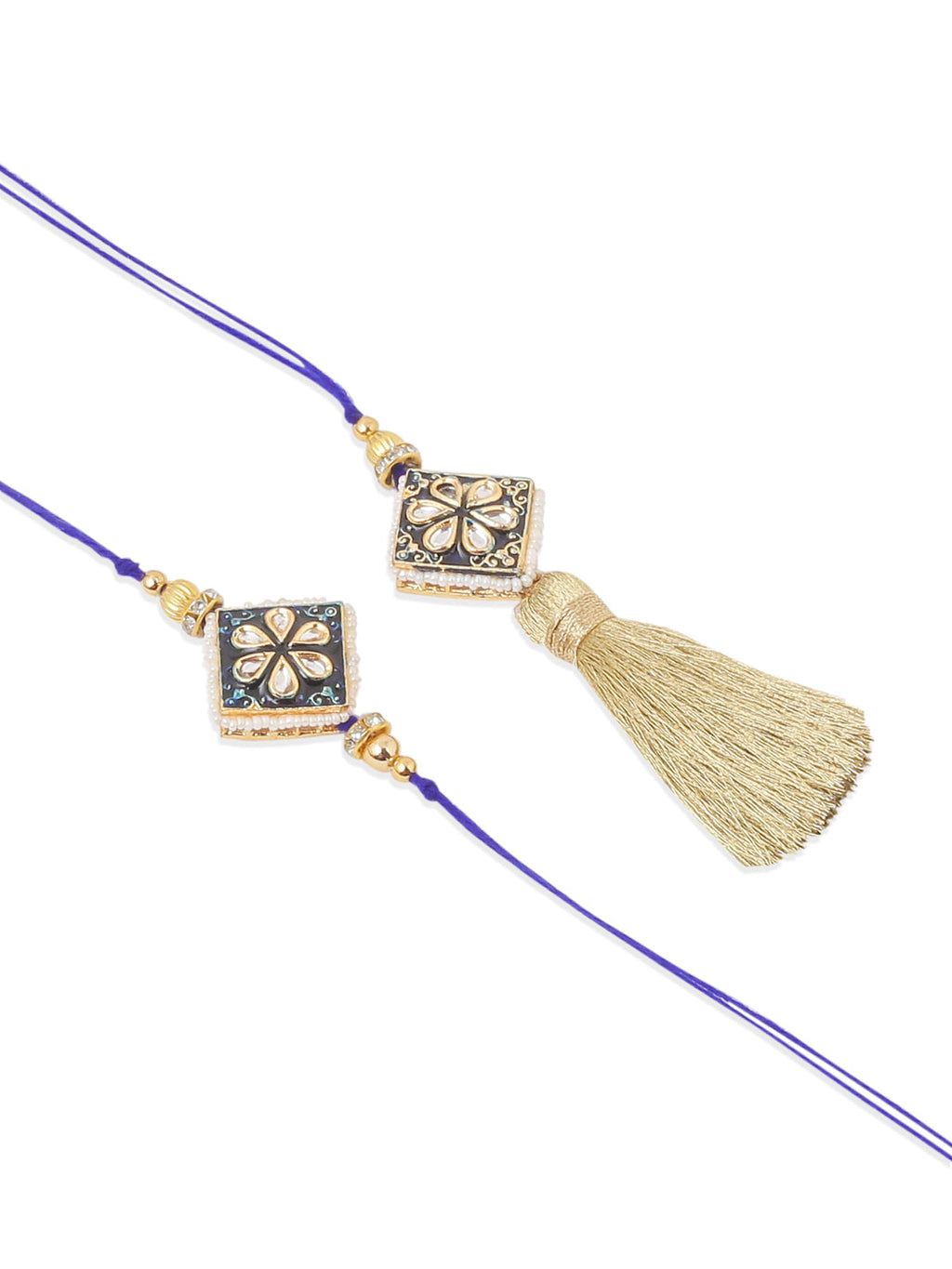 NVR Set of 2 Handmade Blue Kundan Studded Bhaiya Bhabhi Rakhi Set, Combo for Rakshabandhan