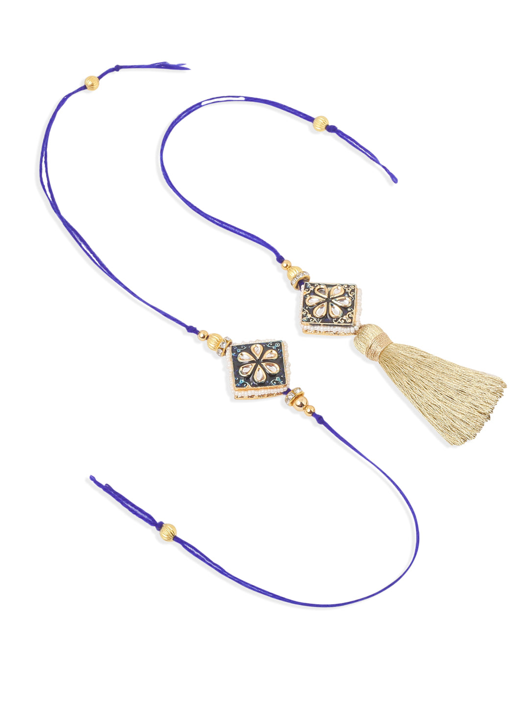 NVR Set of 2 Handmade Blue Kundan Studded Bhaiya Bhabhi Rakhi Set with Roli Chawal Chandan & Mishri