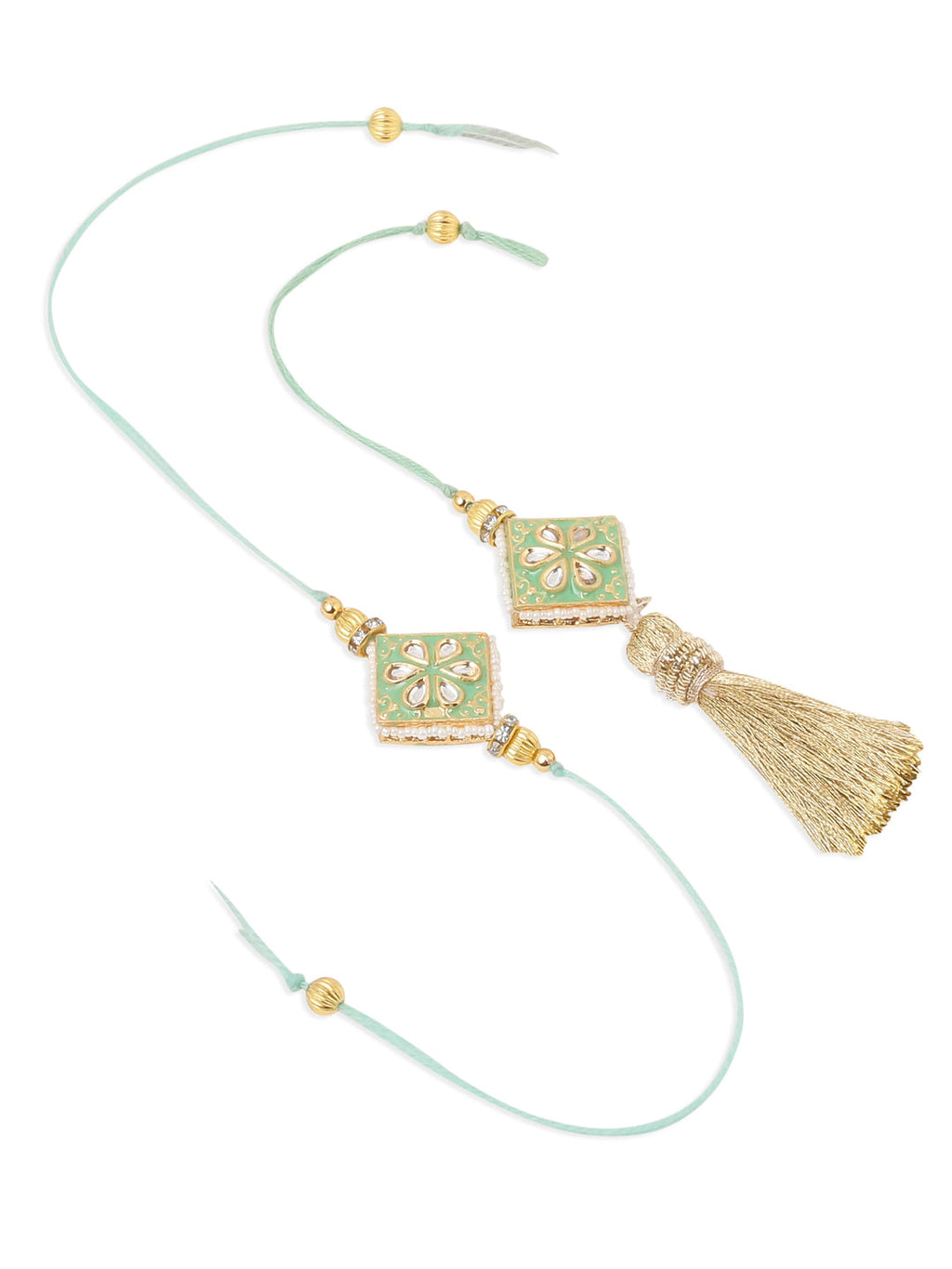 NVR Set of 2 Handmade Sea Green Kundan Studded Bhaiya Bhabhi Rakhi Set with Roli Chawal Chandan & Mishri