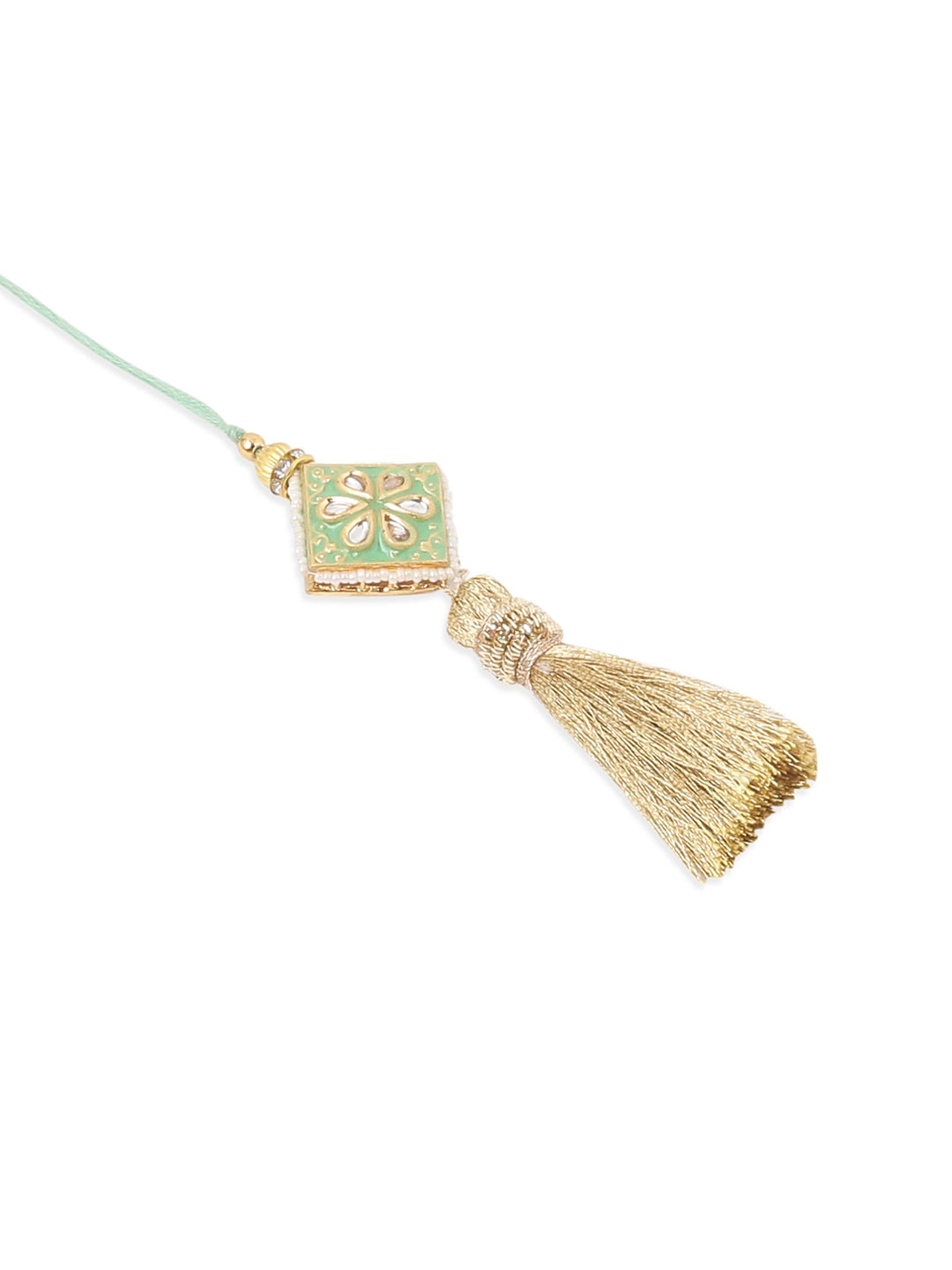 NVR Set of 2 Handmade Sea Green Kundan Studded Bhaiya Bhabhi Rakhi Set with Roli Chawal Chandan & Mishri