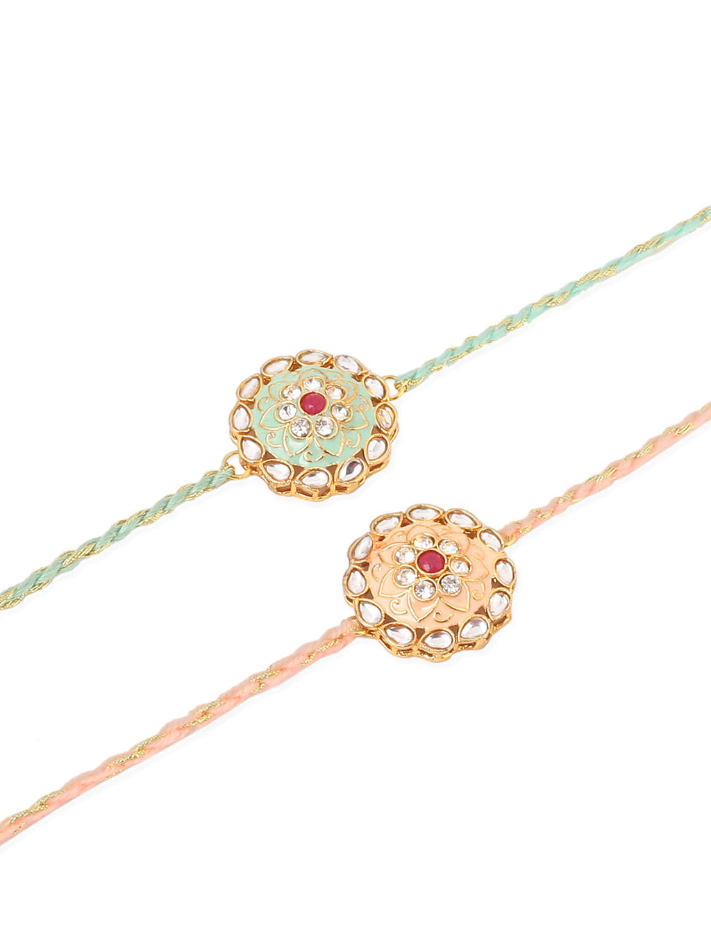 NVR Men Set of 2 Peach & Green Kundan Studded Round Floral Design Rakhi with Roli Chawal Chandan & Mishri