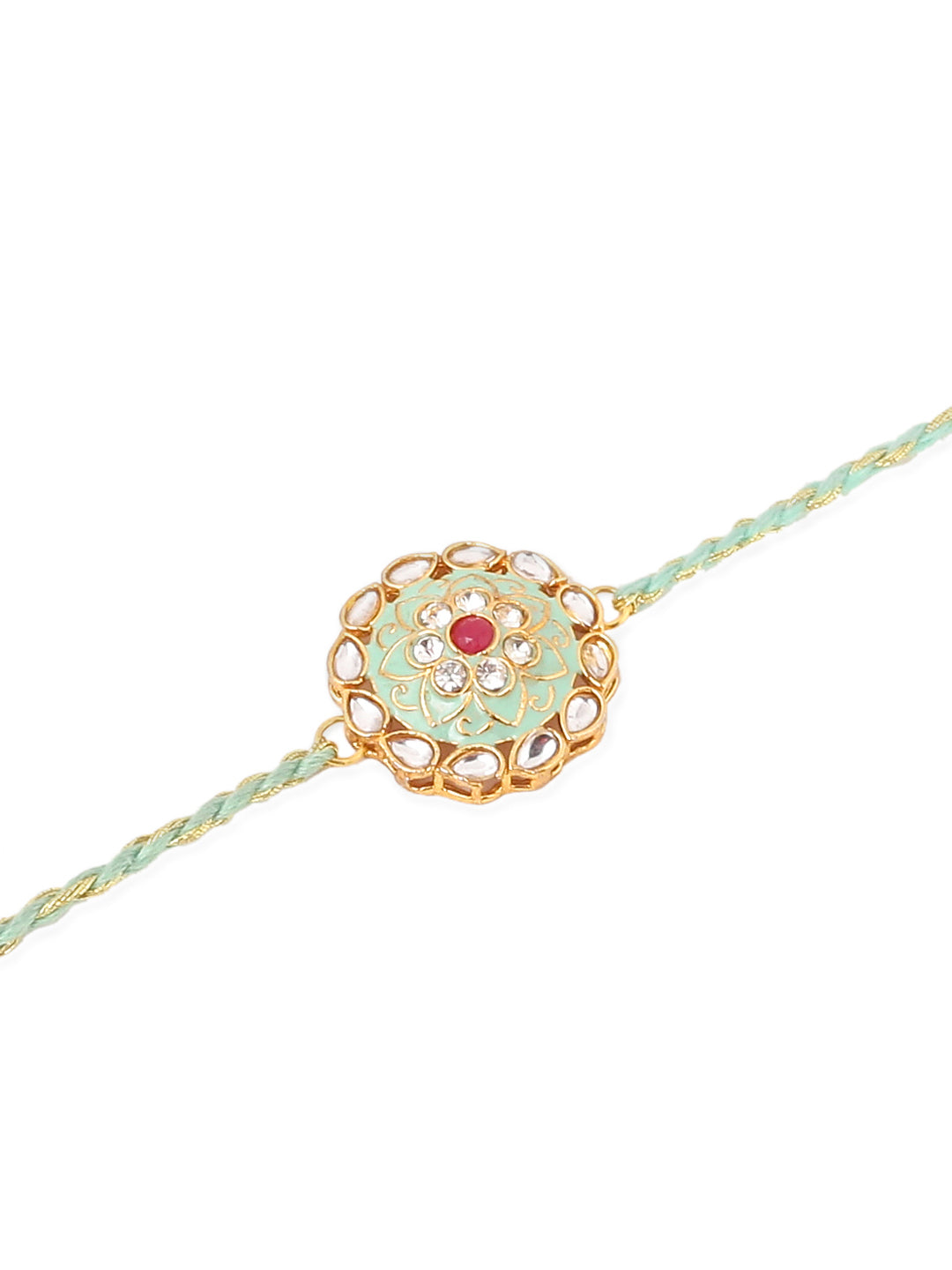 NVR Men Set of 2 Peach & Green Kundan Studded Round Floral Design Rakhi with Roli Chawal Chandan & Mishri