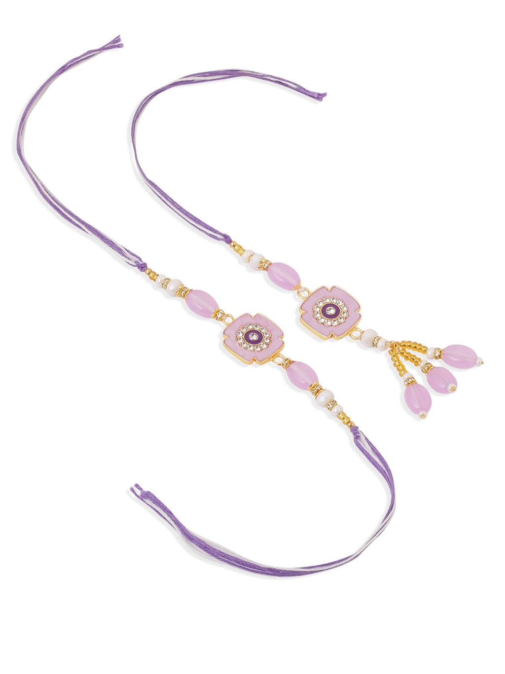 NVR Set of 2 Purple Artificial Stones & Beads Floral Design Thread Bhaiya Bhabhi Rakhi Combo