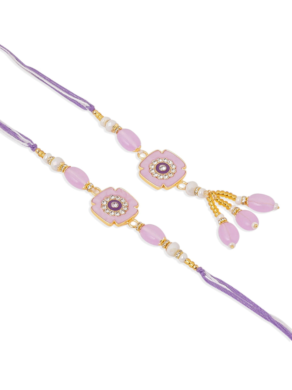 NVR Set of 2 Purple Artificial Stones & Beads Floral Design Thread Bhaiya Bhabhi Rakhi with Roli Chawal Chandan & Mishri
