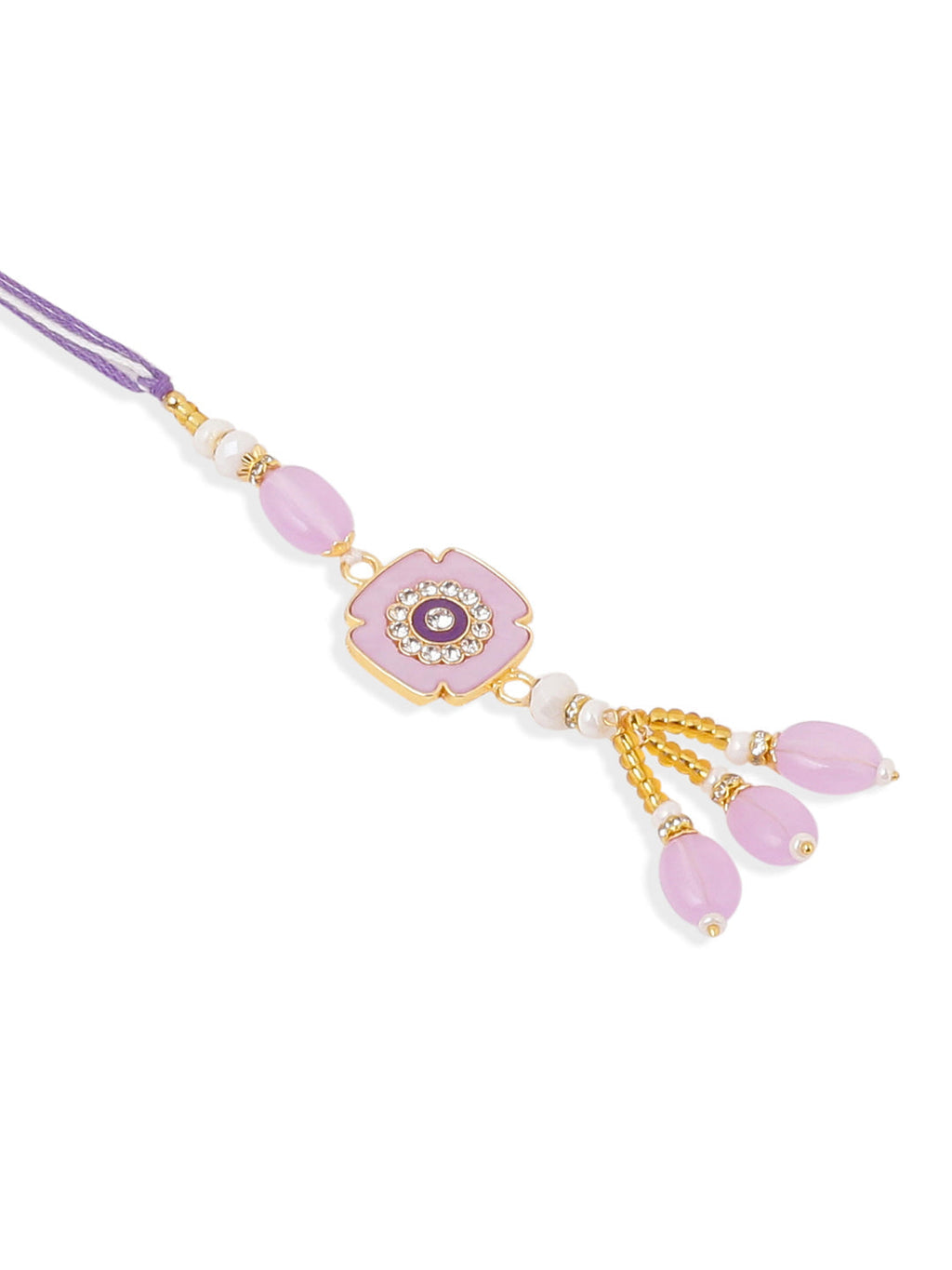 NVR Set of 2 Purple Artificial Stones & Beads Floral Design Thread Bhaiya Bhabhi Rakhi with Roli Chawal Chandan & Mishri