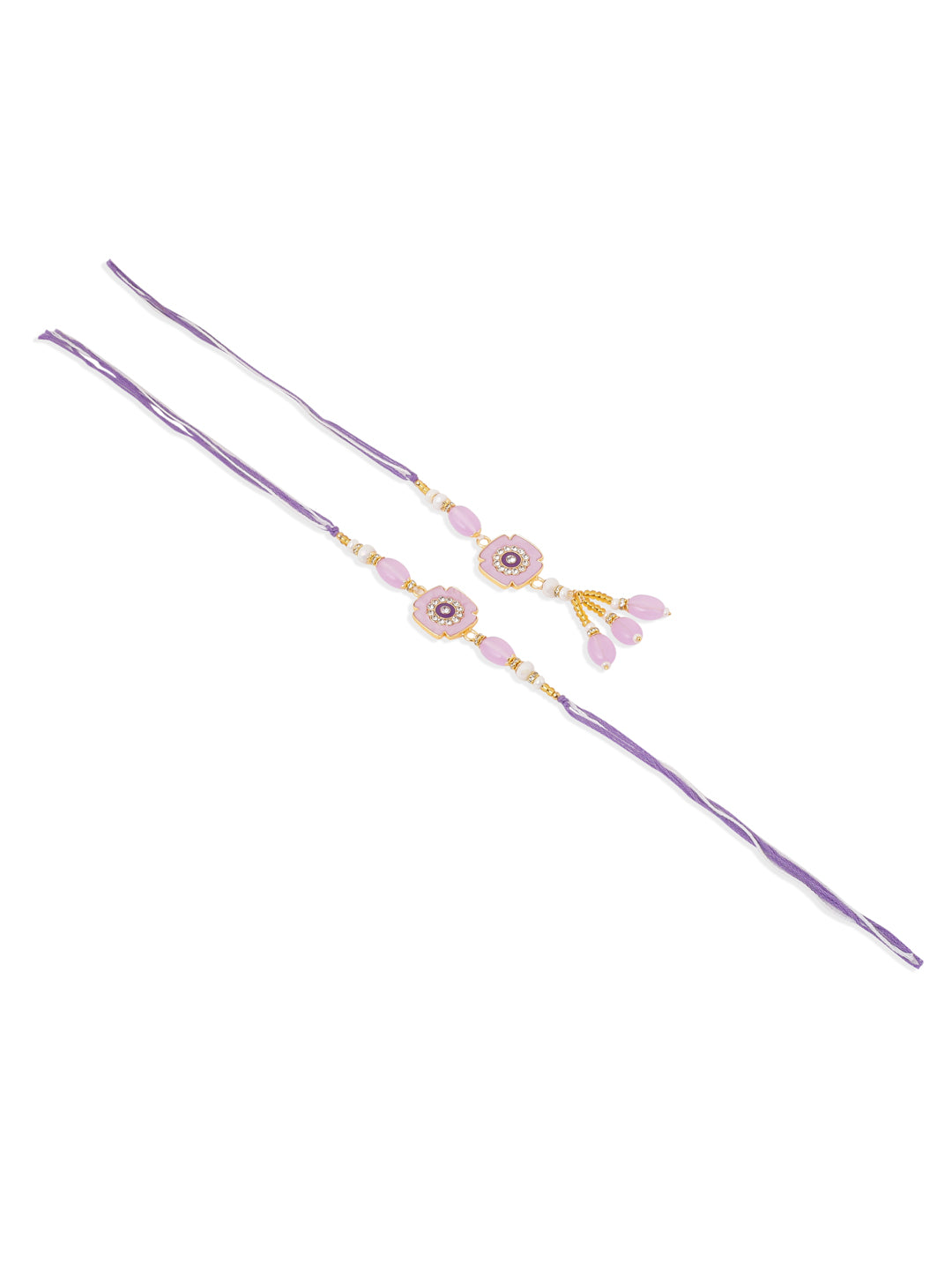 NVR Set of 2 Purple Artificial Stones & Beads Floral Design Thread Bhaiya Bhabhi Rakhi with Roli Chawal Chandan & Mishri