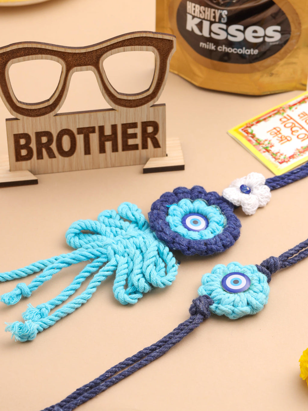 NVR Set of 2 Blue Evil Eye Floral Style Bhaiya Bhabhi Rakhi Set, Combo for Rakshabandhan