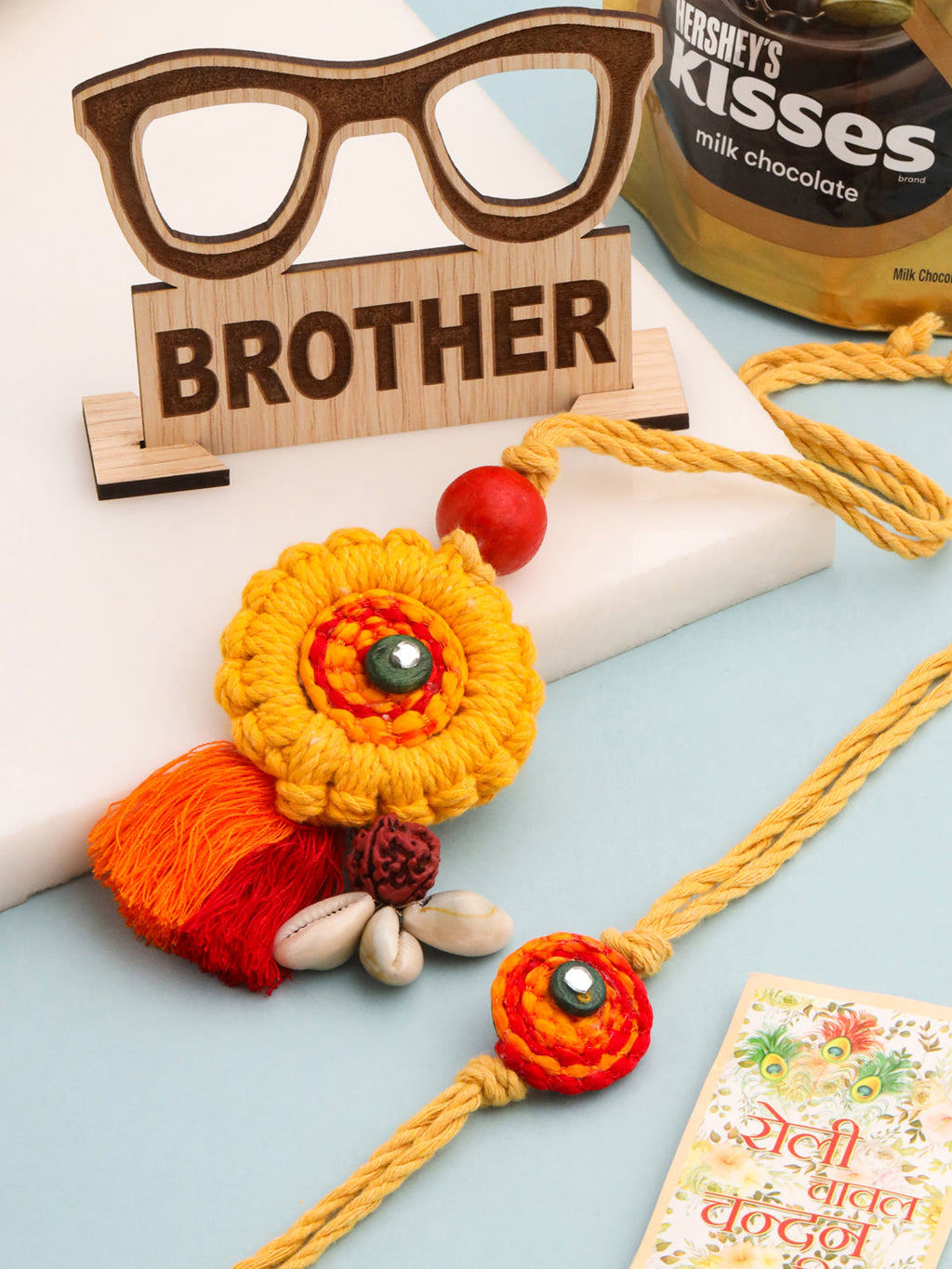 NVR Set of 2 Yellow Sea Shell Round Floral Design Bhaiya Bhabhi Rakhi Combo