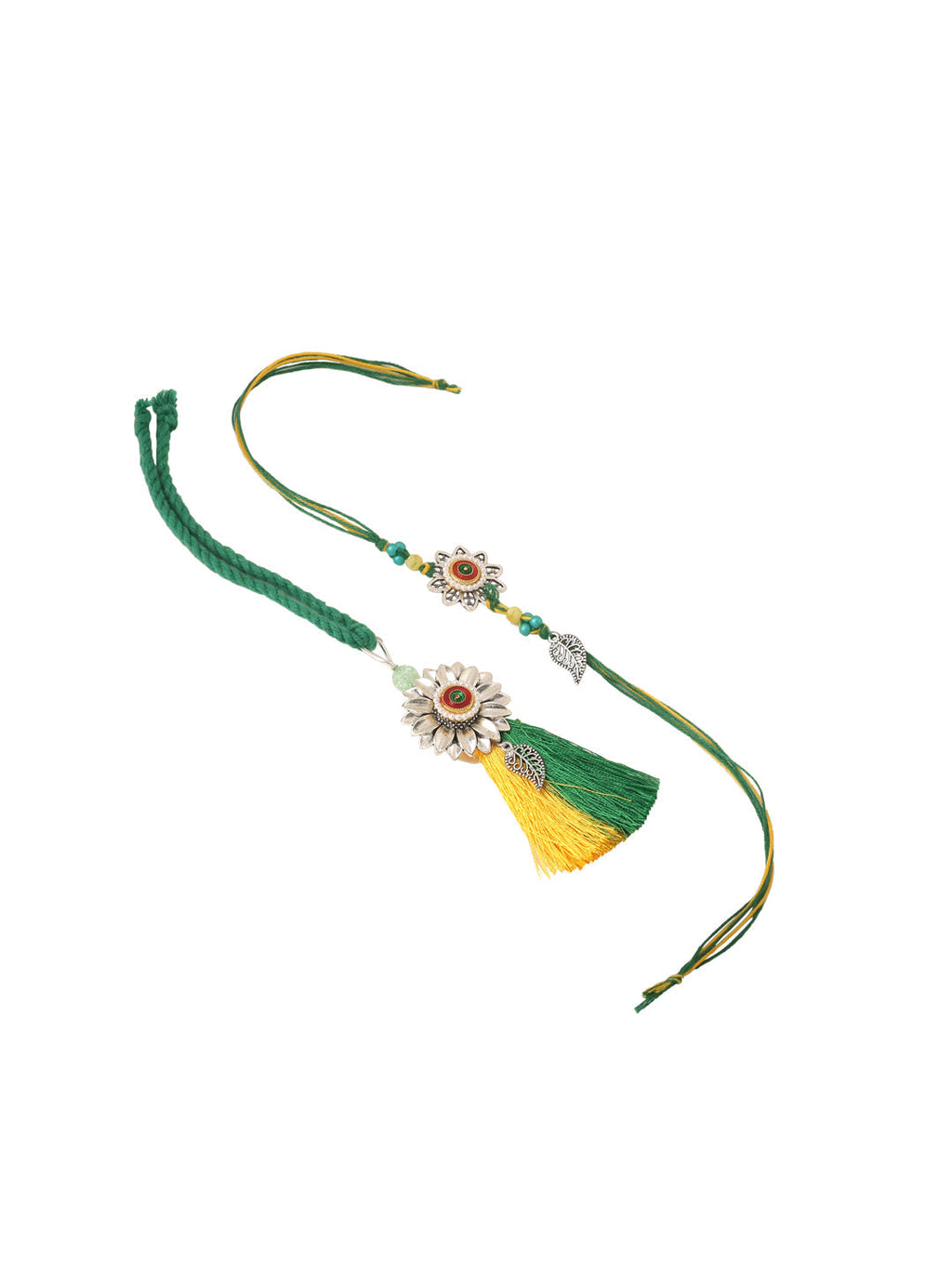 NVR Set of 2 Green Pearls Bhaiya Bhabhi Thread Rakhi with Roli Chawal Chandan & Mishri
