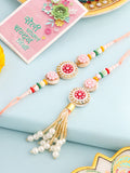 NVR Set of 2 Multicolor Artificial Stones & Beads Round Floral Bhaiya Bhabhi Rakhi with Roli Chawal Chandan & Mishri
