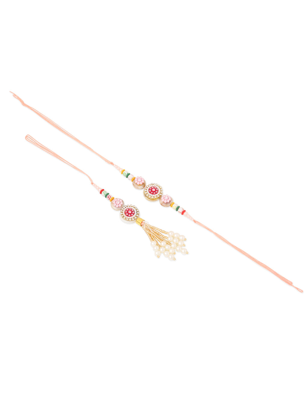 NVR Set of 2 Multicolor Artificial Stones & Beads Round Floral Bhaiya Bhabhi Rakhi with Roli Chawal Chandan & Mishri