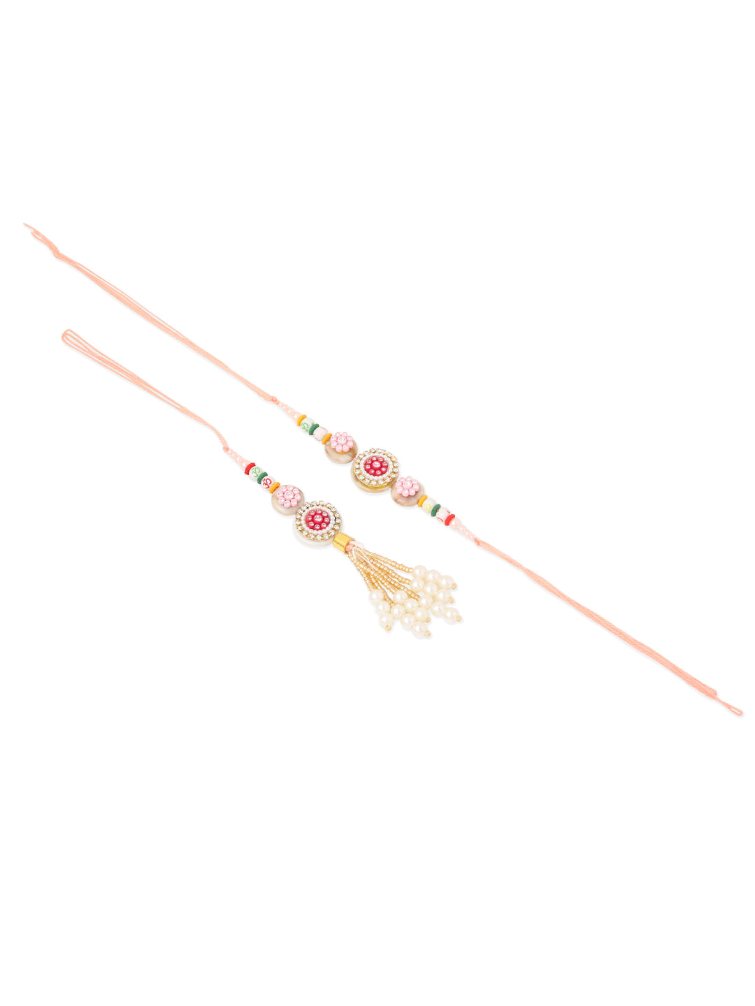 NVR Set of 2 Multicolor Artificial Stones & Beads Round Floral Bhaiya Bhabhi Rakhi with Roli Chawal Chandan & Mishri
