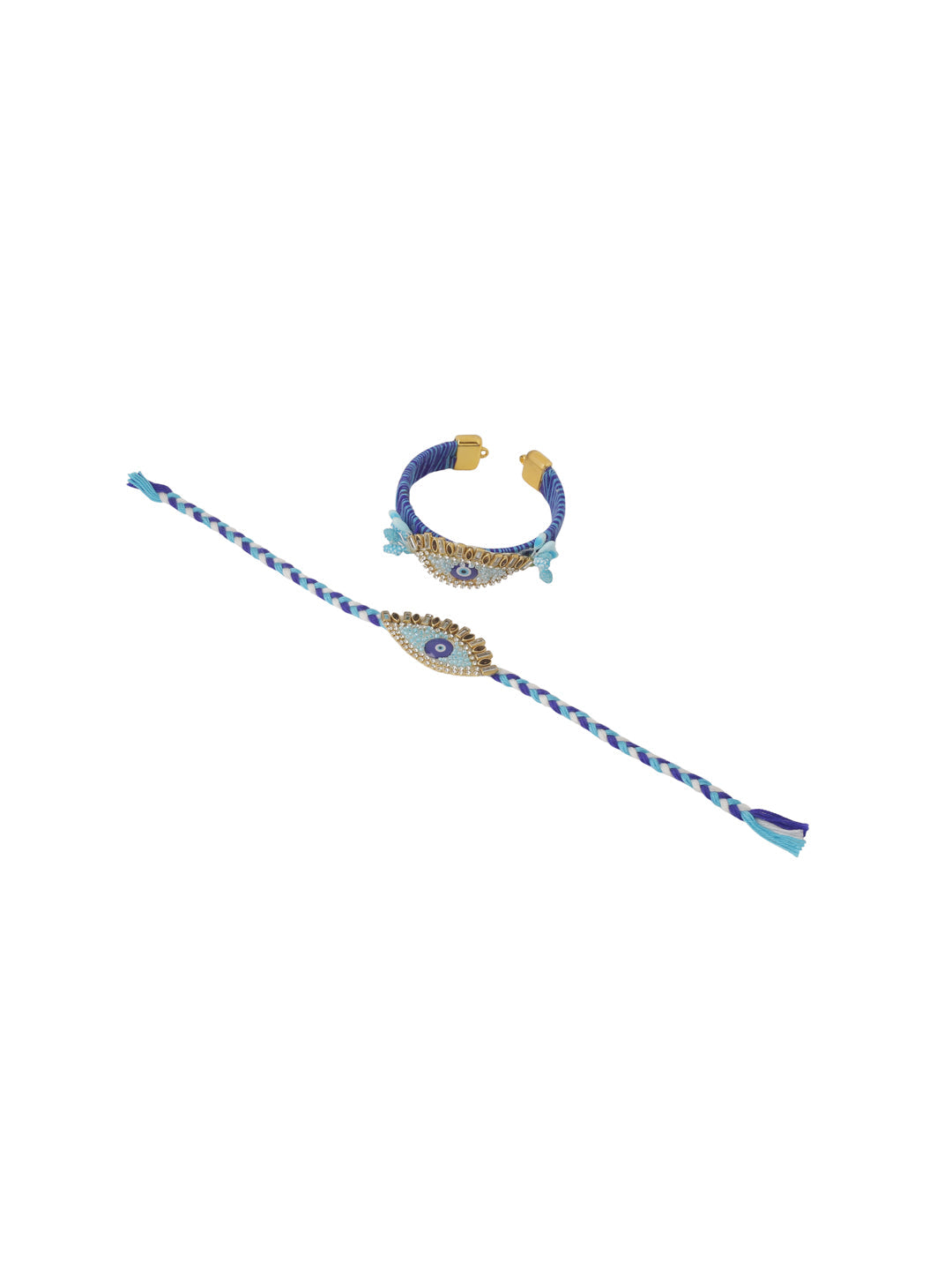 NVR Set of 2 Blue Evil Eye & Kundan Studded Handcrafted Bhaiya Bhabhi Rakhi with Roli Chawal Chandan & Mishri