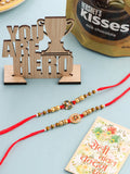 NVR Men Set of 2 Red & Gold Floral Design Artificial Stones & Beads Thread Rakhi Combo