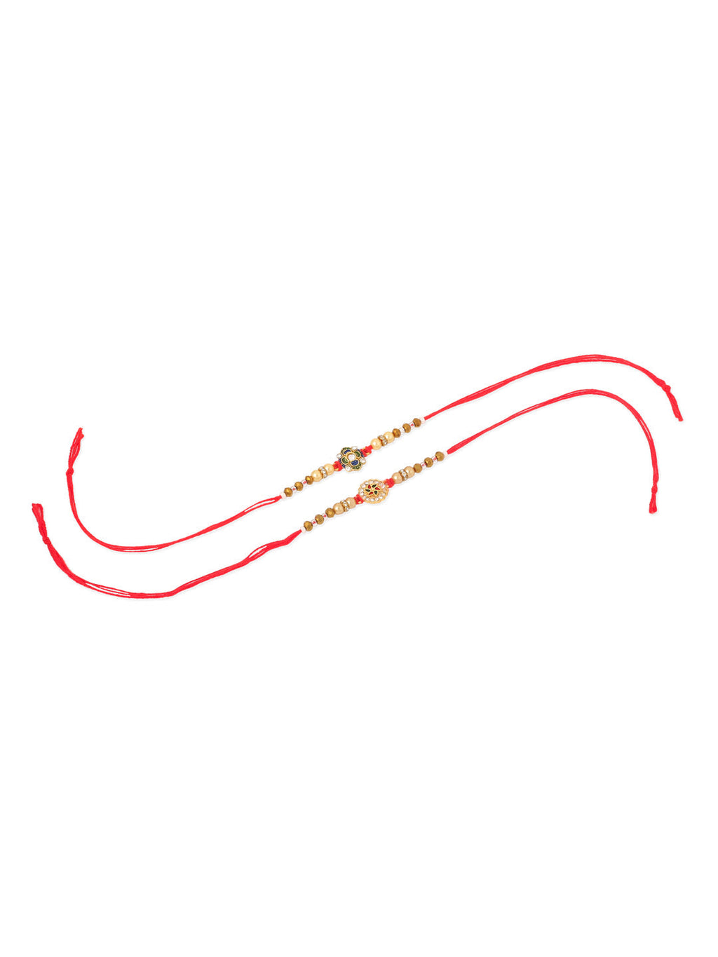 NVR Men Set of 2 Red & Gold Floral Design Artificial Stones & Beads Thread Rakhi Combo