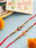 NVR Men Set of 2 Red & Gold Floral Design Artificial Stones & Beads Thread Rakhi With Roli Chawal Chandan & Mishri