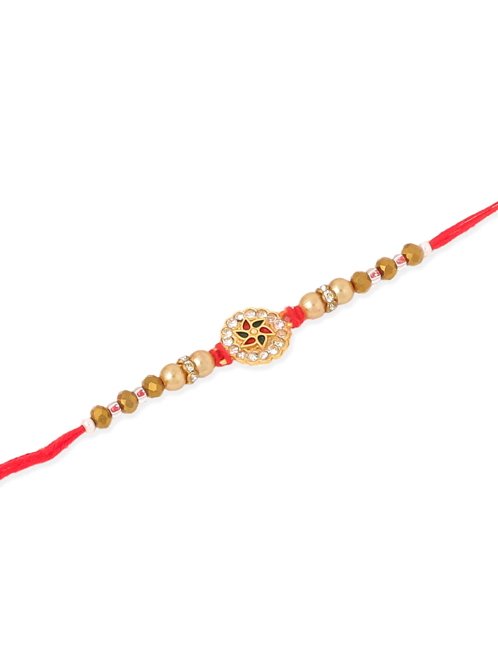 NVR Men Set of 2 Red & Gold Floral Design Artificial Stones & Beads Thread Rakhi With Roli Chawal Chandan & Mishri