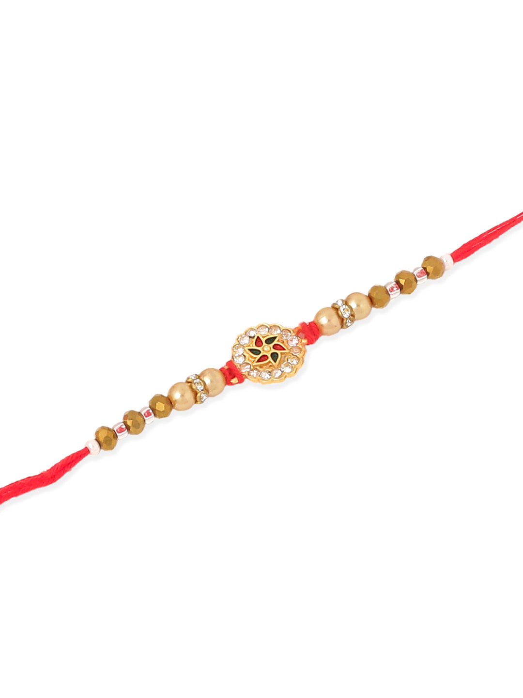 NVR Men Set of 2 Red & Gold Floral Design Artificial Stones & Beads Thread Rakhi With Roli Chawal Chandan & Mishri